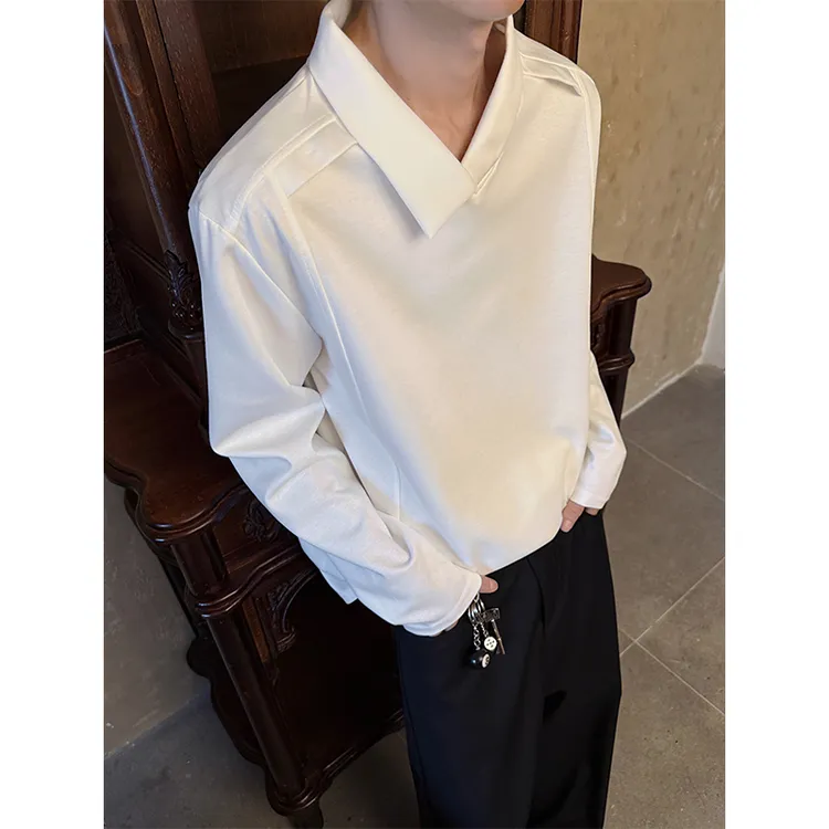 白色不规则翻领长袖T恤男秋季美式解构重磅卫衣潮牌ins宽松polo衫