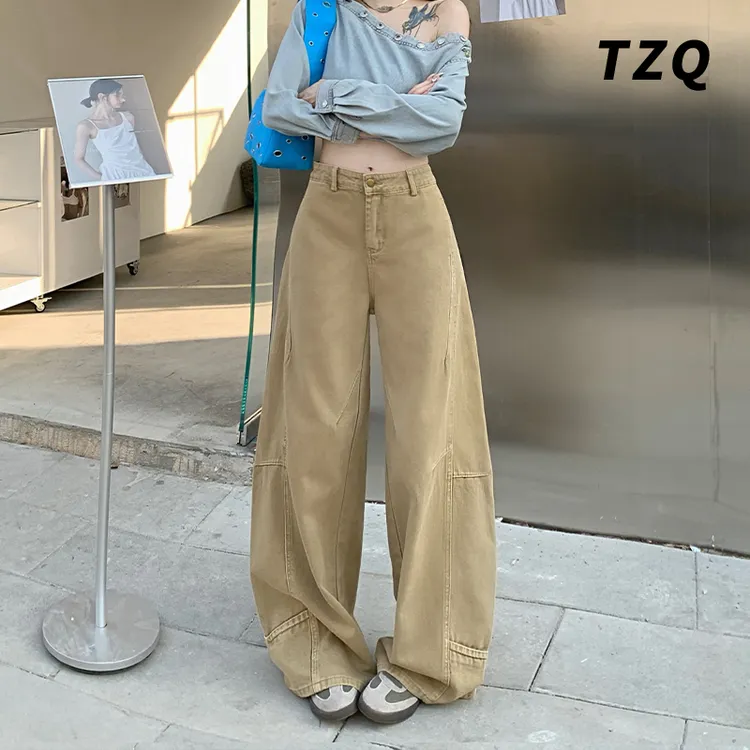 高街复古牛仔裤女2025新款设计感拼接卡其色显瘦阔腿裤TZQ2522043