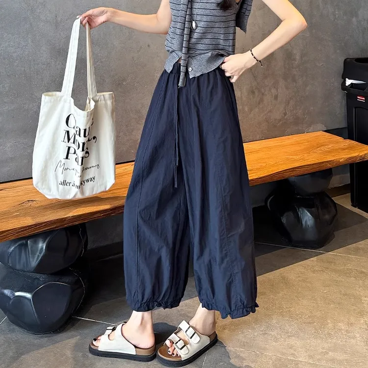 藏青色木耳边阔腿裤女夏季薄款甜美花边灯笼裤小个子防晒八九分裤