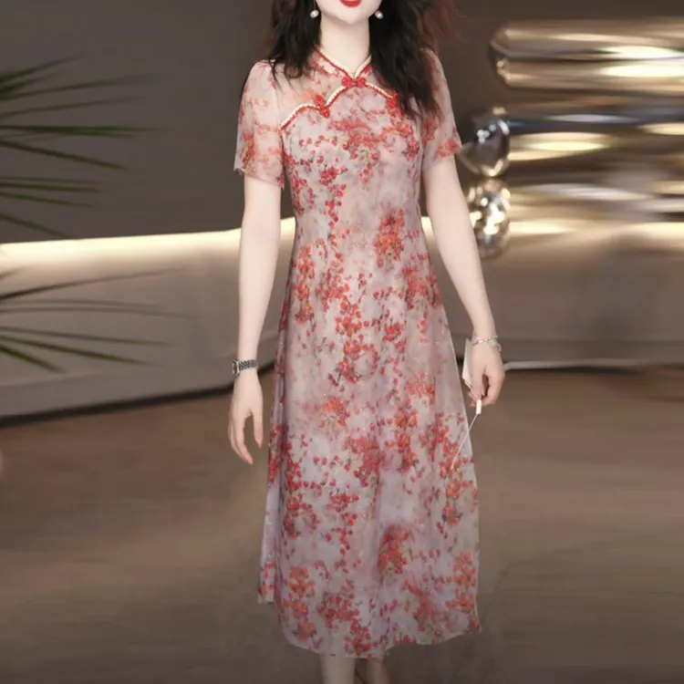 双皱丝新中式短袖旗袍裙2025夏季新款时尚温婉复古设计感连衣裙子