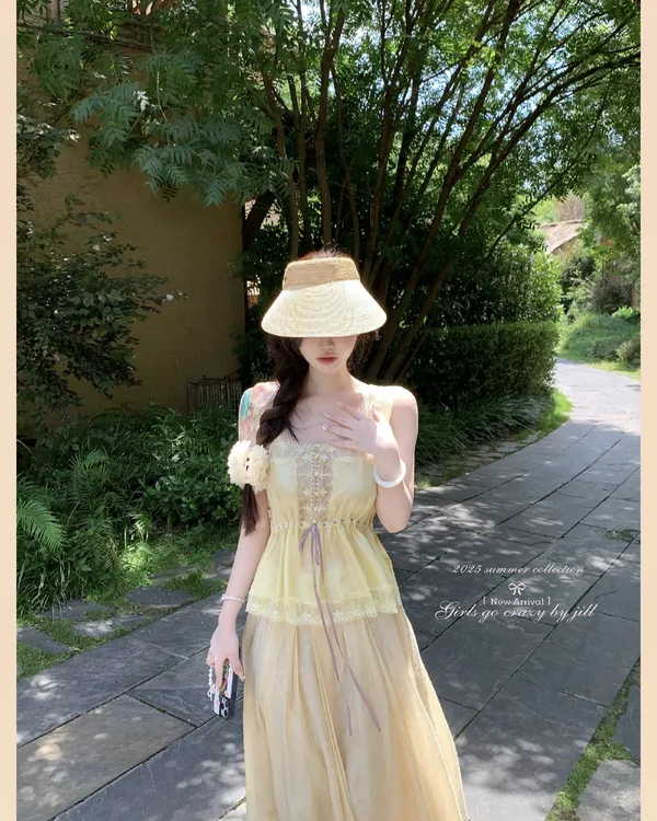蕾丝吊带方领刺绣波西米亚风系带背心上衣女2025新款显瘦半裙套装