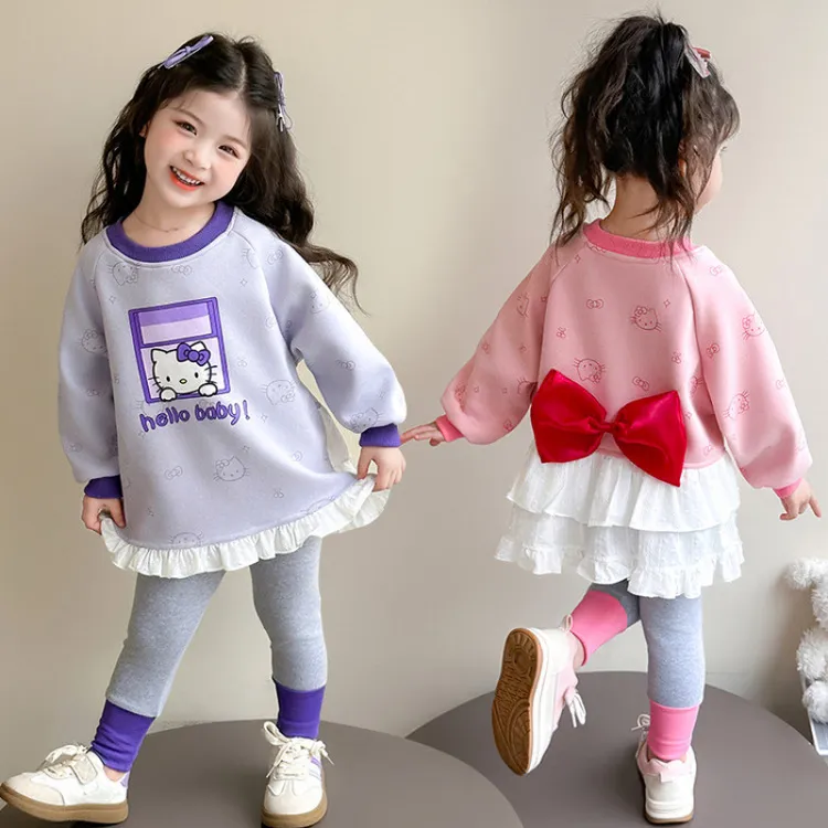 云梦Kids女童甜美秋装套装可爱猫咪kt蝴蝶结花边卫衣打底裤两件套