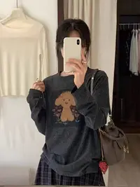 C/F1097 韩系简约狗狗插画印花宽松长袖T恤 9-22