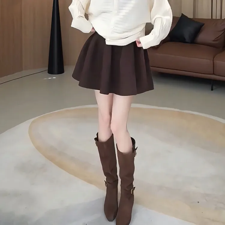 韩系复古时尚通勤风半身裙2025年秋冬新款高腰休闲风咖色A字短裙