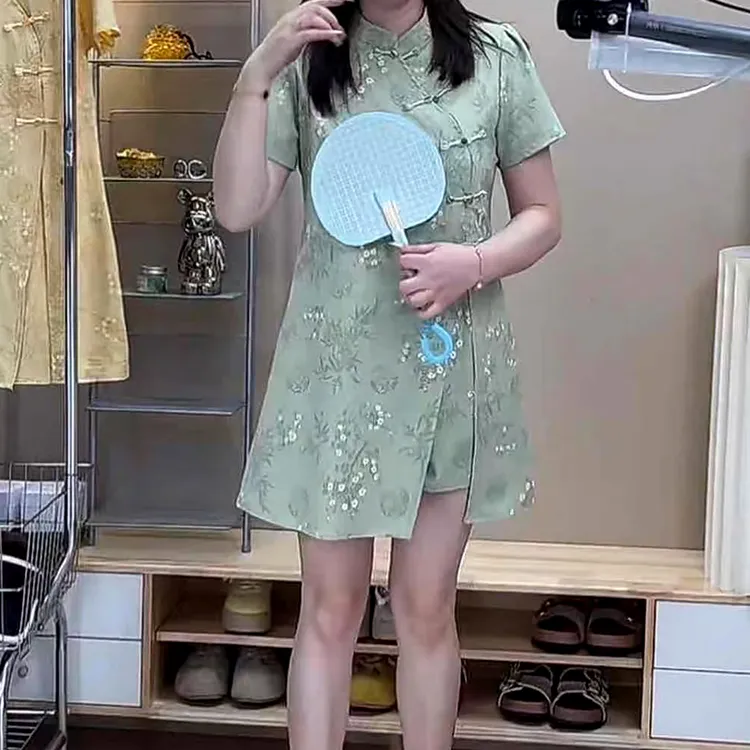 大码胖mm盘扣设计感短袖改良旗袍短裙女夏季内衬高腰短裤两件套装