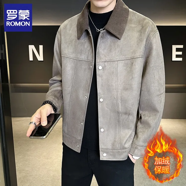 罗蒙秋冬新款商务休闲翻领外套高级感男士短款鹿皮绒夹克加绒保暖