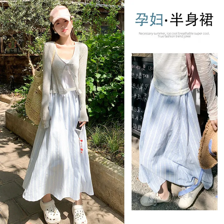孕妇蓝色格子半身裙夏季新款外穿无托腹高腰显瘦休闲孕妇中长裙