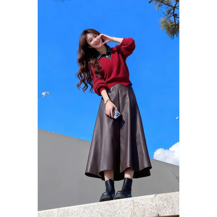 秋冬穿搭一整套女高级感洋气假两件牛仔拼接毛衣半身裙皮裙两件套