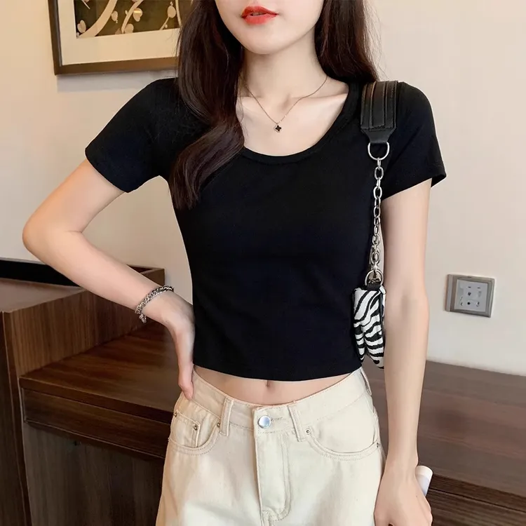 短袖黑色t恤女短款圆领高腰露脐韩版修身夏季新款纯色上衣ins潮体