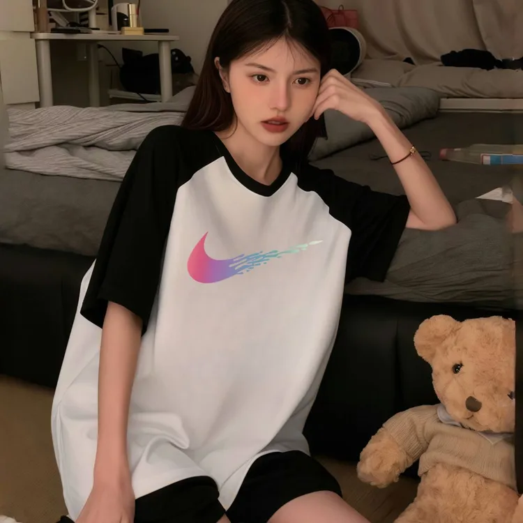奥特莱斯正品纯色睡衣女夏纯棉短袖短裤圆领撞色插肩袖家居服睡衣