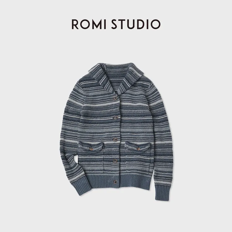 ROMI STUDIO"法风条纹"手工挑边蓝调棉麻复古条纹开衫RWCAST6105
