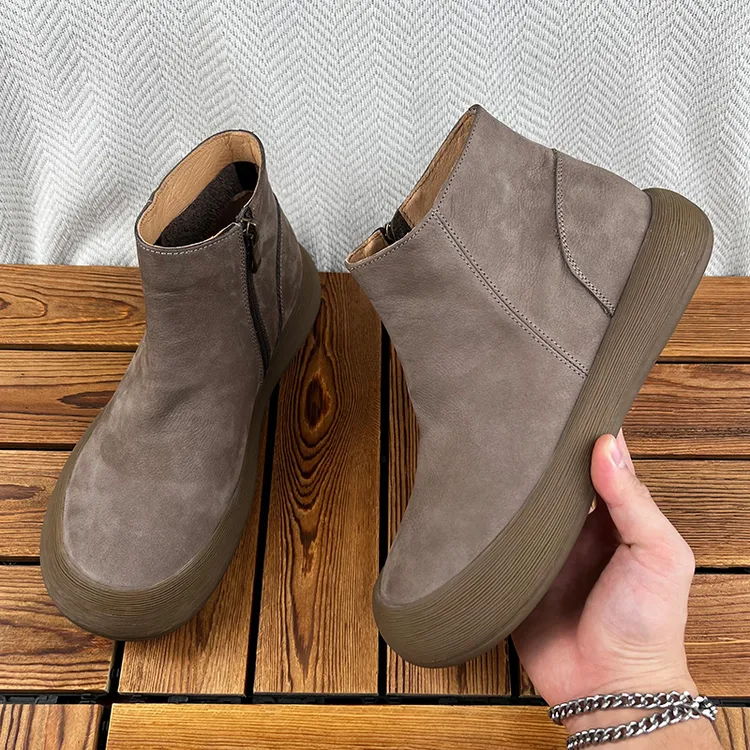 新款头层牛皮车缝线圆头马丁靴男鞋韩版高帮鞋男士加绒厚底复古