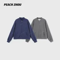 『PEACHZHOU』基础纯色毛圈宽松棒球领外套简约休闲拉链开衫卫衣女
