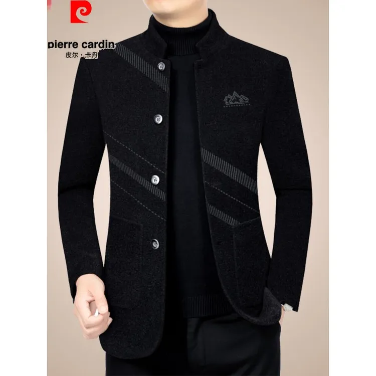 皮尔卡丹春秋季新款中年立领羊毛男士夹克雪尼尔毛呢外套爸爸上衣