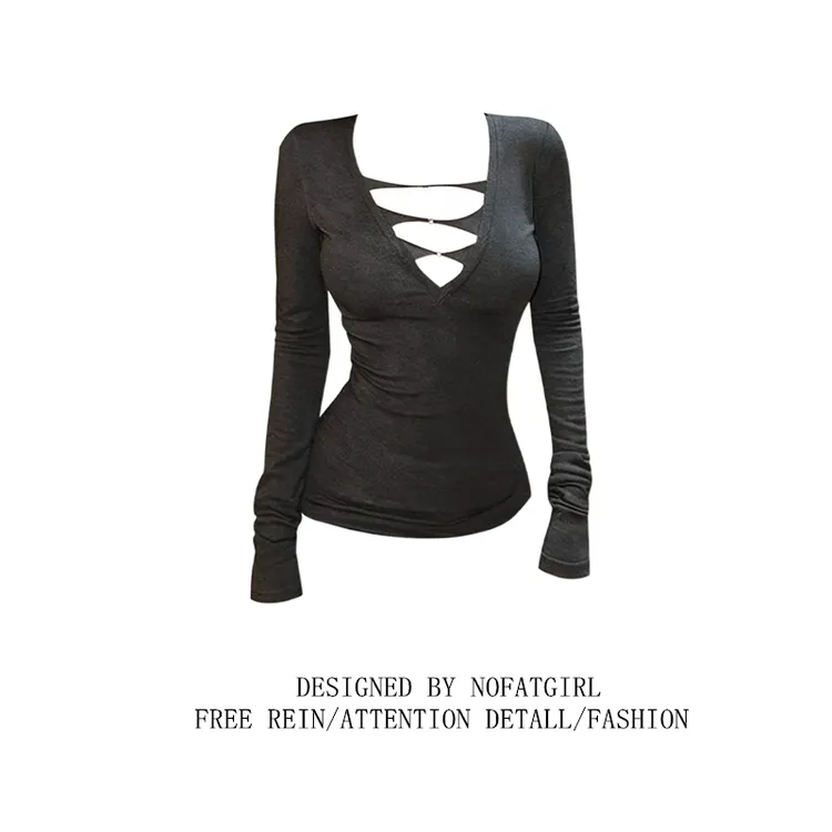 大码胖MM美式辣妹镂空V领长袖T恤女秋新款修身显瘦内搭打底衫上衣