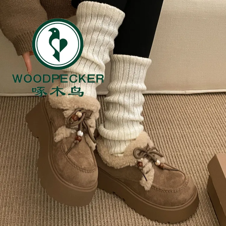 啄木鸟厚底勃肯鞋女2025冬季新款百搭加绒保暖雪地靴时尚毛毛棉鞋