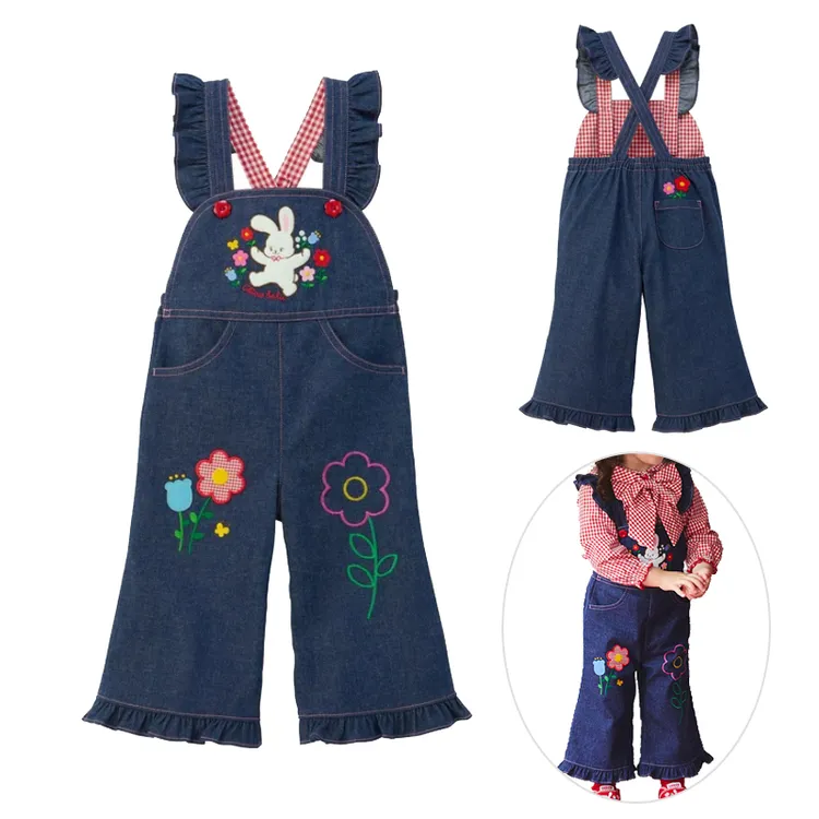 1-6岁中小童牛仔裤春秋卡童富贵兔刺绣儿童背带裤洋气微喇叭长裤