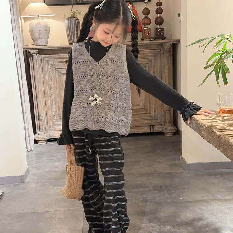 女童针织马甲套装秋季新款时尚韩版女大童条纹休闲裤洋气儿童秋装