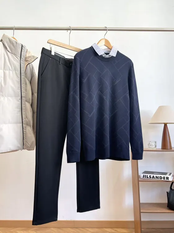 T羊毛混纺~商场D 双面提花针织衬衫领假两件毛衣 C2181 男装H7568