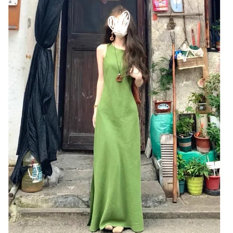 森系复古绿色吊带连衣裙女夏季气质收腰显瘦背心裙9124#A