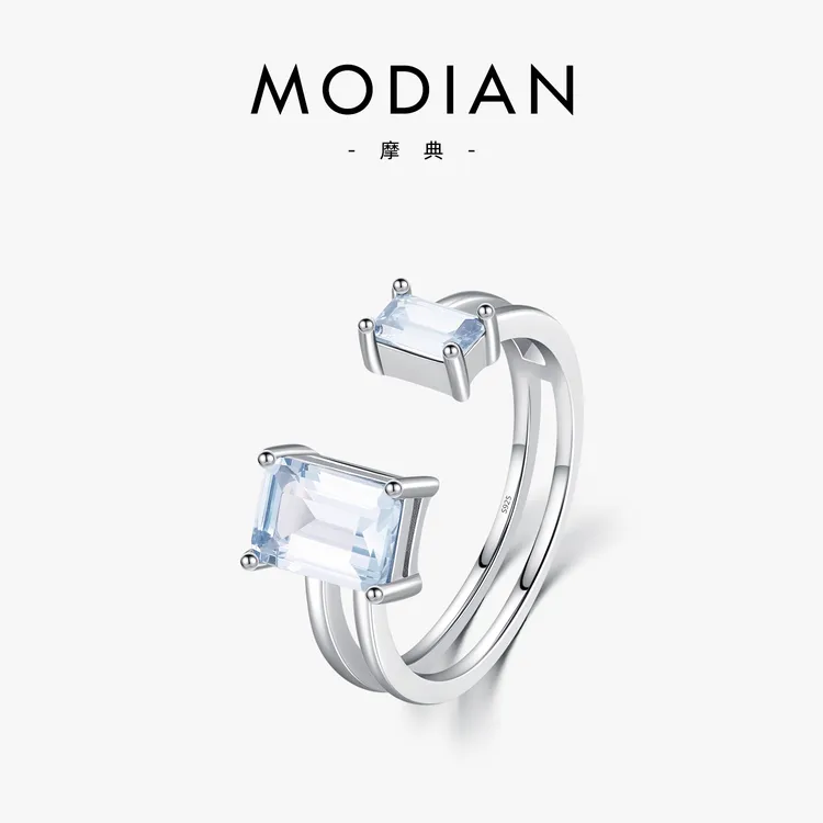 MODIAN/摩典 925银戒指 双层设计仿海蓝宝戒指女小众几何开口指环