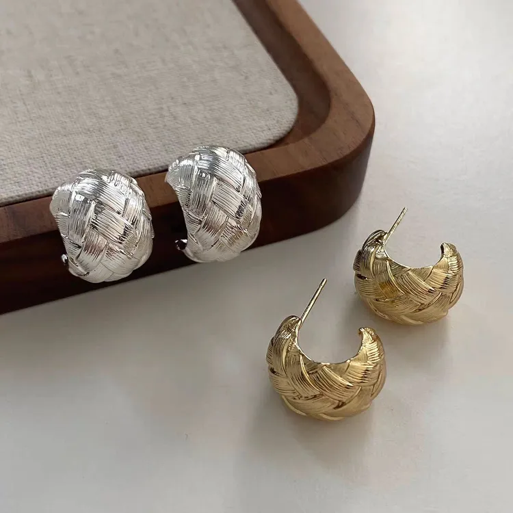 铜合金耳饰 手工编织银针拉丝纹理耳钉小众重工设计感耳环耳饰女