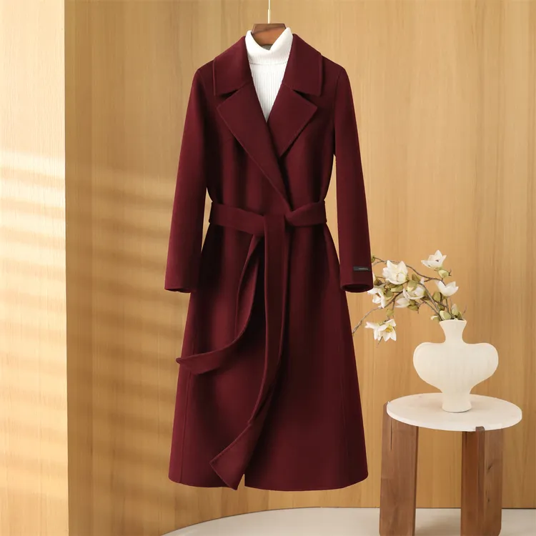 双面呢羊毛大衣女中长款西装领修身显瘦系带毛呢外套2025秋冬新款