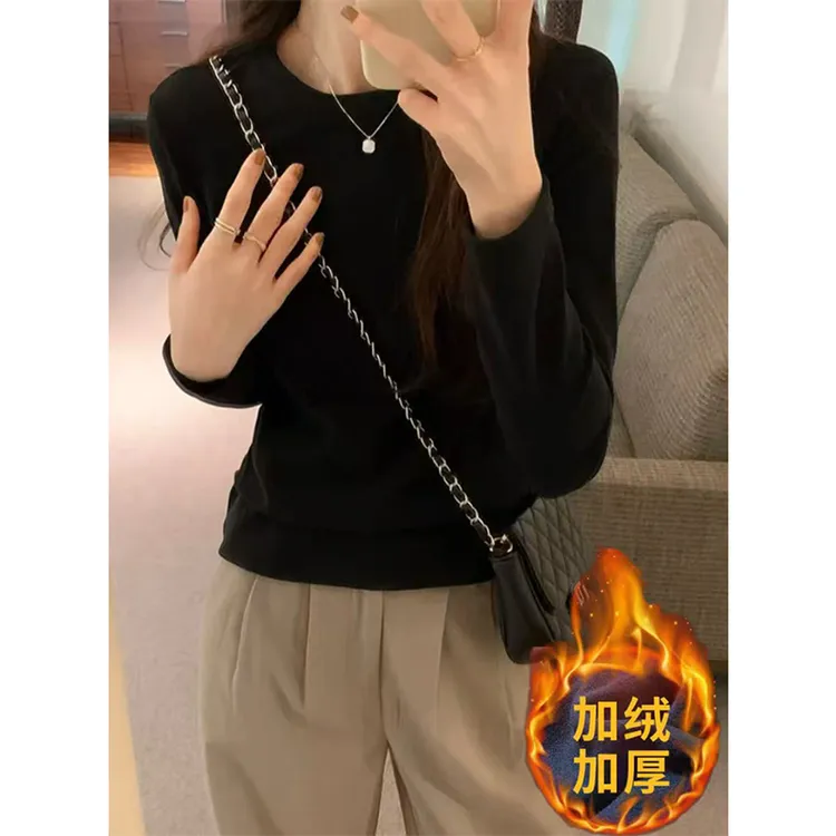 基础款纯色棉T美学加绒款保暖u领打底衫正肩修身显瘦保暖内搭长袖