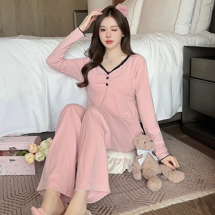 带胸垫秋冬季新款德绒长袖V领睡衣女纯色蕾丝花边保暖家居服套装