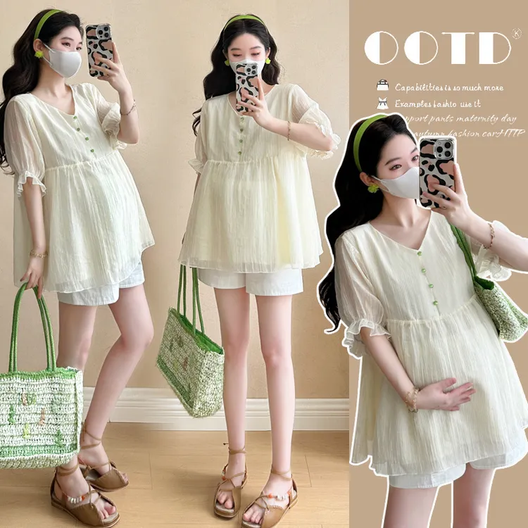 2026孕妇装夏季新款韩版时尚简约显瘦V领钉珠上衣托腹短款套装