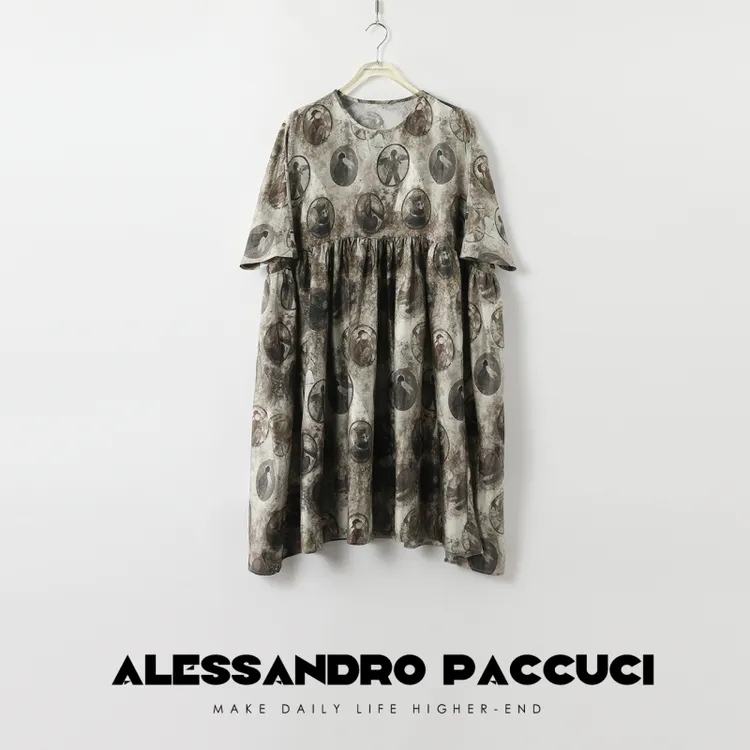 【孤品特价不退不换】洛哥42035LL黑标/真丝油画印花圆领短袖连衣裙