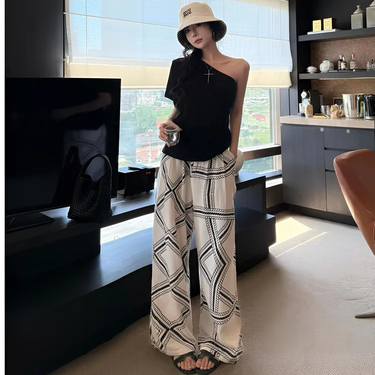 松弛感洋气印花慵懒休闲裤女2025夏季新款直筒宽松花裤子女夏薄款