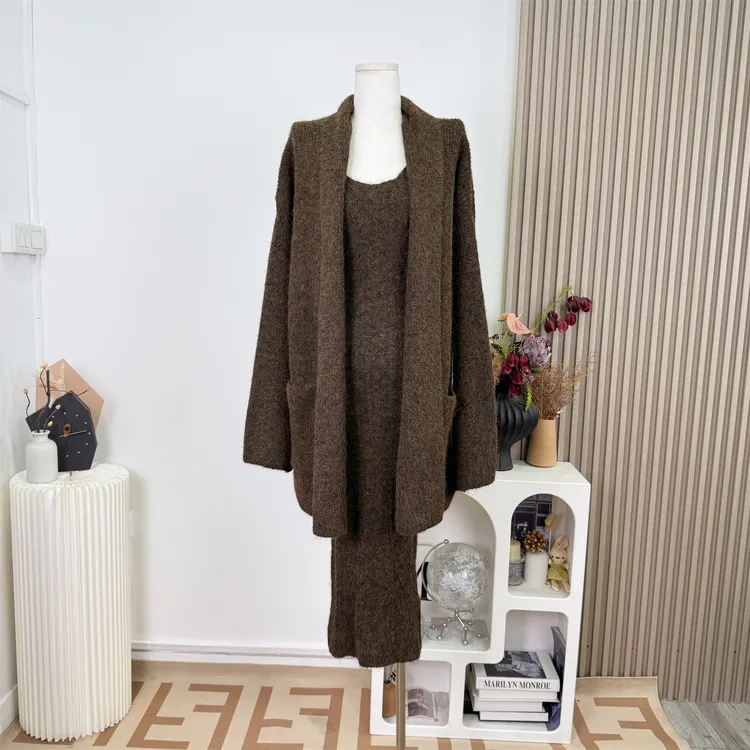 【留洋温蒂】羊毛混纺韩系慵懒针织开衫吊带长裙两件套