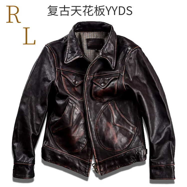 安欣德华同款门多萨农场主茶芯色牛皮皮衣男真皮夹克短款机车修身
