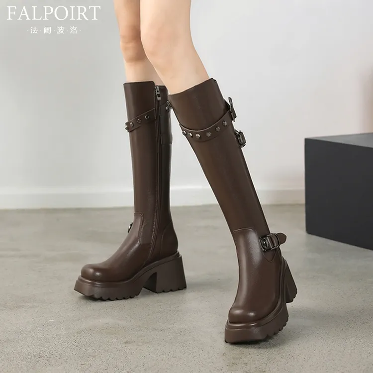 FALPOIRT英伦风小个子厚底骑士长靴女秋季大筒围真皮高筒靴皮带扣