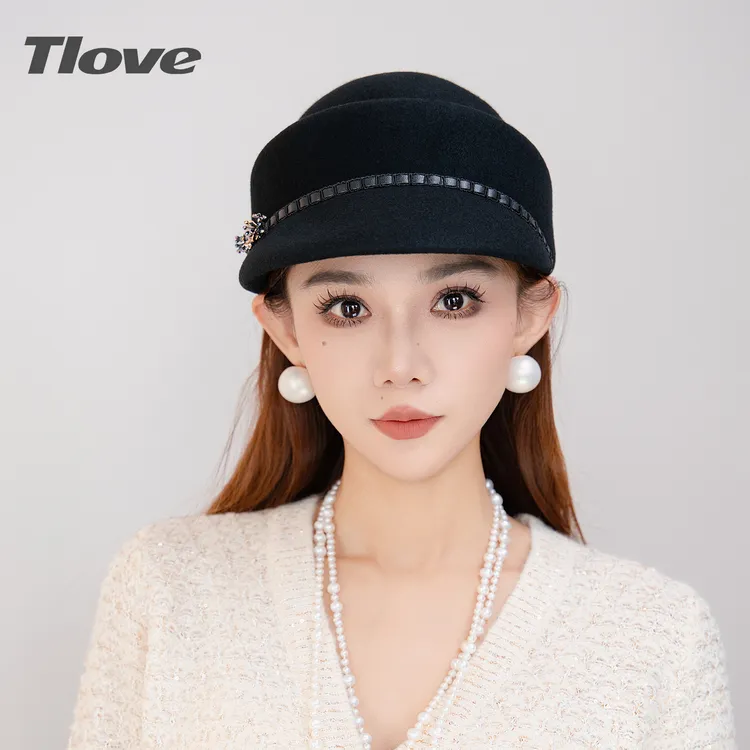 9146时尚百搭秋冬季新款羊毛帽子女士黑色复古韩版减龄保暖马术帽
