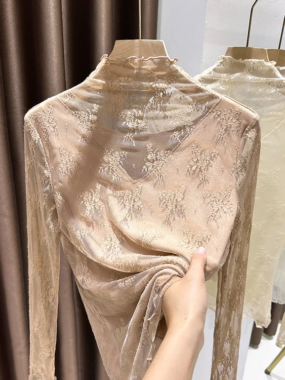 安安家高定千金风网纱打底衫爆款半高领蕾丝镂空时尚减龄百搭小衫