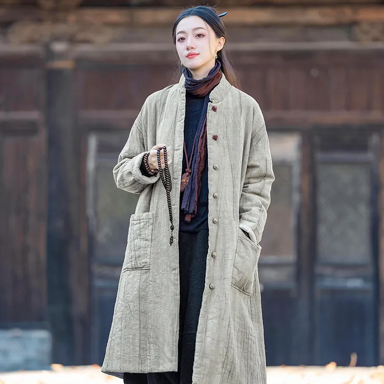 24冬季新款苎麻手工扎染盘扣棉袄女个性棉麻女装夹棉绗缝长款棉衣