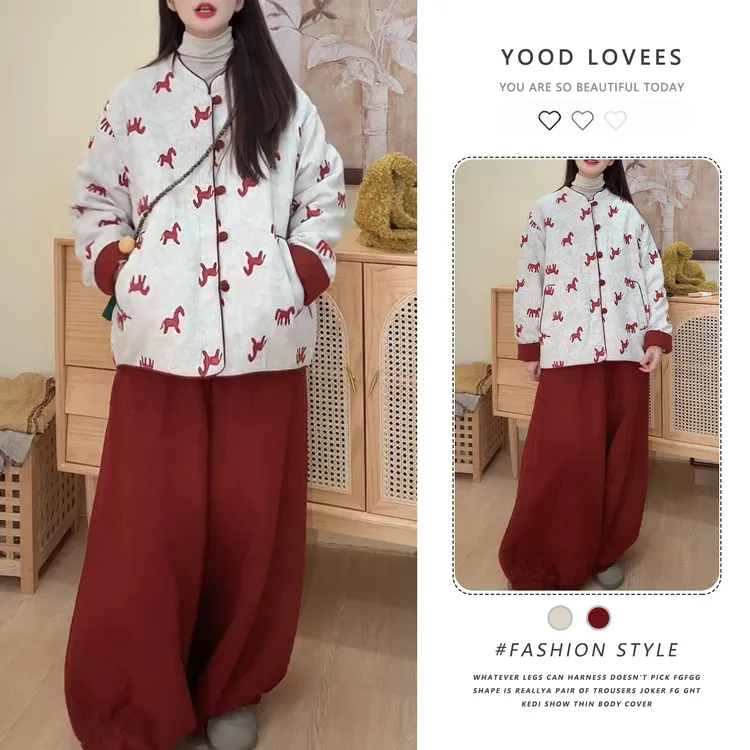 新中式国风印花复古夹棉双面穿外套女冬季2025新款花苞阔腿裤套装