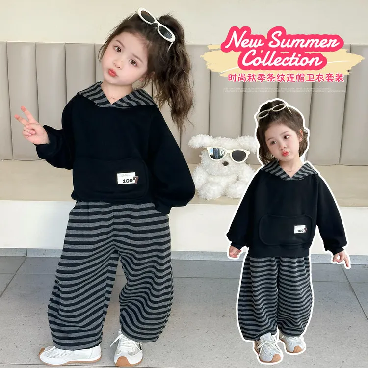(断码）女童套装春秋装2025新款儿童韩版连帽卫衣条纹裤子两件套