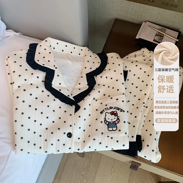 【波点Kitty】日系空气绵睡衣女秋冬卡通加厚保暖家居服两件套外穿