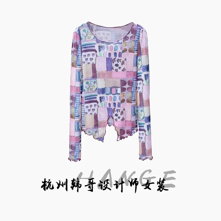 【韩哥女装】秋季欧版新品设计师复古重工印花修身高弹上衣8096-K7