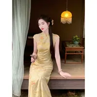 凌茜【稚曦】国风新中式浅黄提花裙显白温婉优雅气质收腰显瘦旗袍