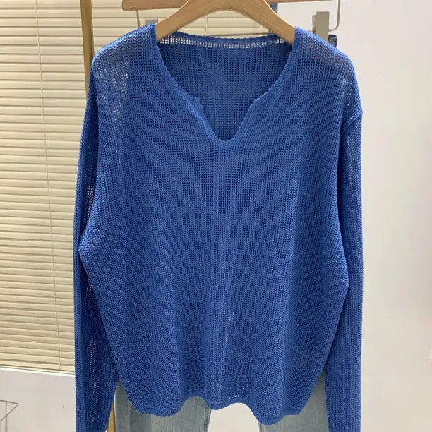 纯色时尚长袖克莱因蓝毛针织衫镂空衫v领针织衫 长袖