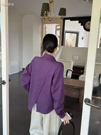 开叉长袖衬衣外套修身气质显瘦春秋简约百搭纯色休闲衬衫上衣紫色