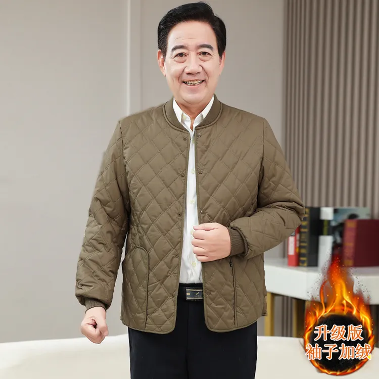 中老年男士时尚大码冬款2025螺纹加绒加厚内胆休闲立领棉服短款