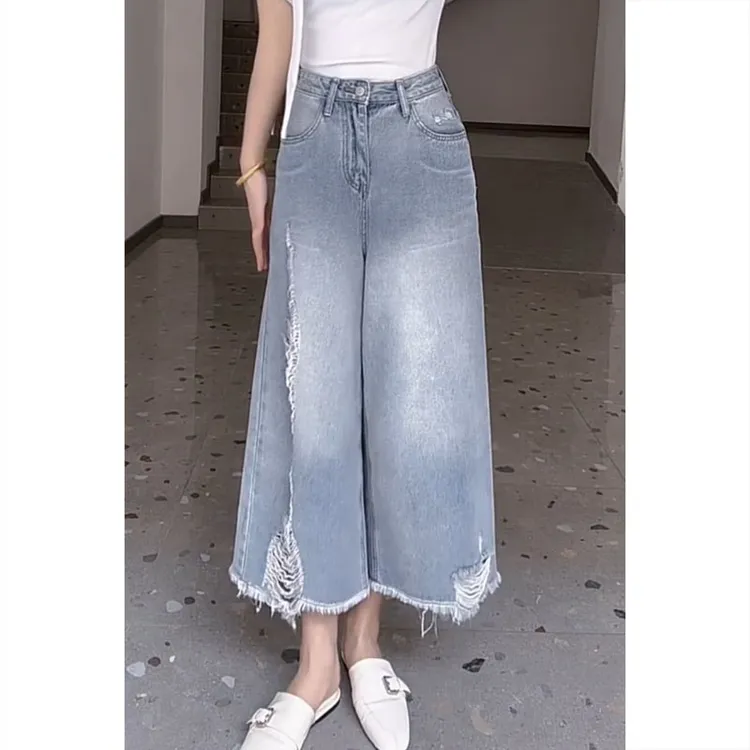 艾塔莉宽松遮肉小个子牛仔裤女夏新款设计感直筒阔腿裤破洞九分裤