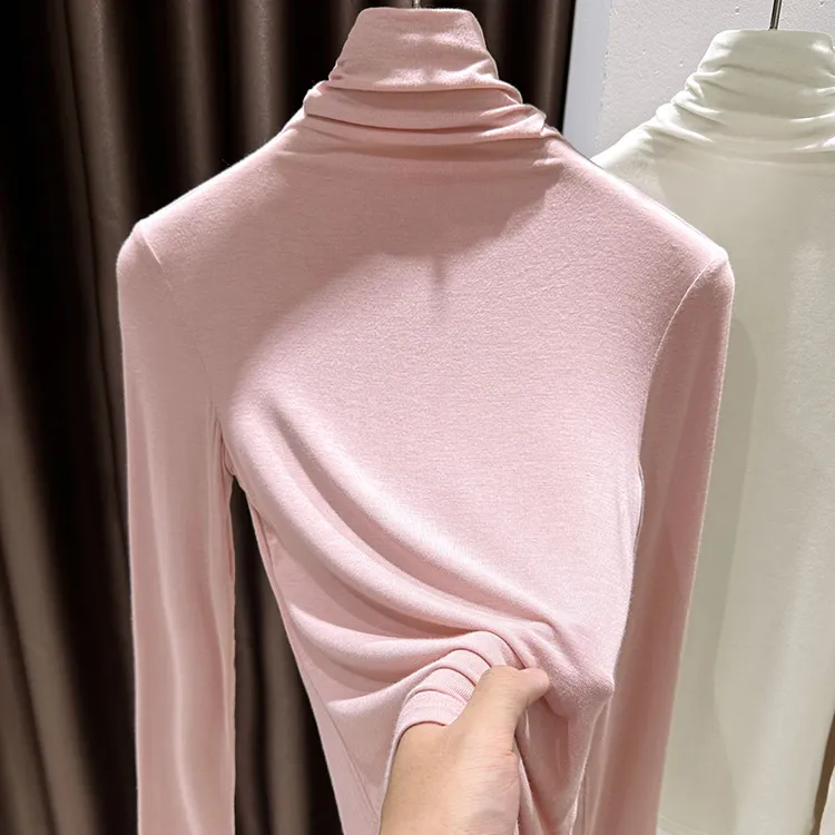 洋气高领皮肤衣长袖上衣女款爆款修身粉色内搭堆堆领莫代尔打底衫