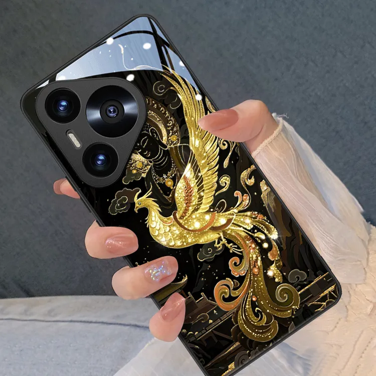 禅意金凤适用于华为pura80手机壳玻璃网红同款数码配件轻奢高级感