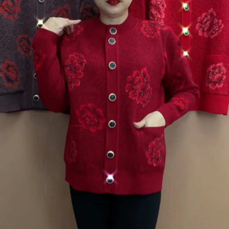 B01新款针织圆领开衫时尚洋气妈妈衫